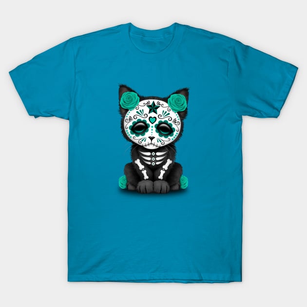 Cute Teal Blue Day of the Dead Kitten Cat T-Shirt by jeffbartels